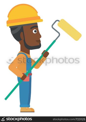 An african-american man standing with a paint roller vector flat design illustration isolated on white background.. Painter with paint roller.