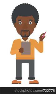 An african-american man standing with a pen and a file in hands vector flat design illustration isolated on white background. Vertical layout.. Man standing with pen and file in hands.