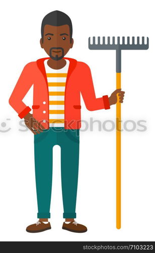 An african-american man standing with a rake vector flat design illustration isolated on white background. . Man standing with rake.