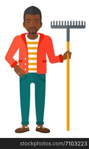 An african-american man standing with a rake vector flat design illustration isolated on white background. . Man standing with rake.