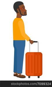 An african-american man standing with a suitcase vector flat design illustration isolated on white background.. Man standing with suitcase.