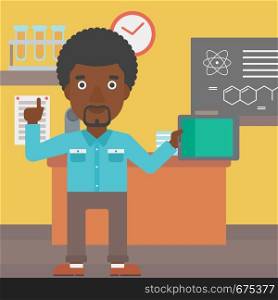An african-american man standing with a tablet computer and pointing his forefinger up on the background of chemistry class vector flat design illustration. Square layout.. Man holding tablet computer.