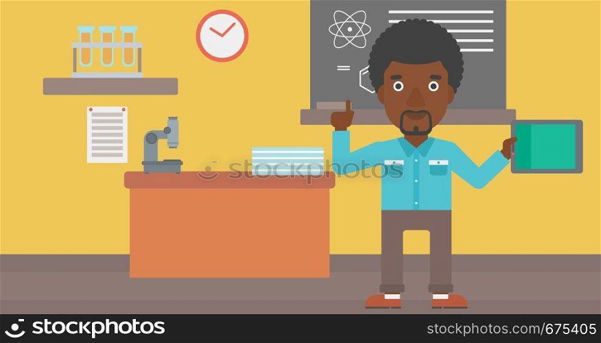 An african-american man standing with a tablet computer and pointing his forefinger up on the background of chemistry class vector flat design illustration. Horizontal layout.. Man holding tablet computer.