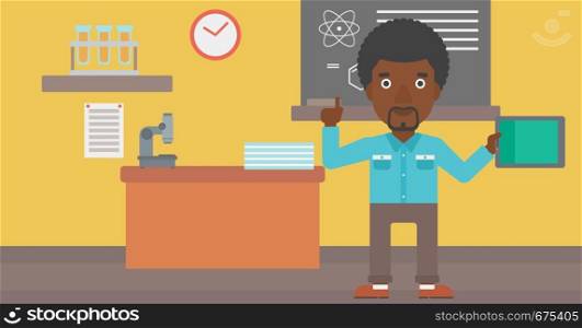 An african-american man standing with a tablet computer and pointing his forefinger up on the background of chemistry class vector flat design illustration. Horizontal layout.. Man holding tablet computer.