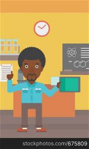 An african-american man standing with a tablet computer and pointing his forefinger up on the background of chemistry class vector flat design illustration. Vertical layout.. Man holding tablet computer.