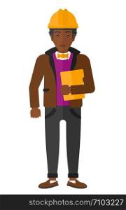 An african-american man standing with a tablet computer in hand vector flat design illustration isolated on white background. . Man holding tablet computer.