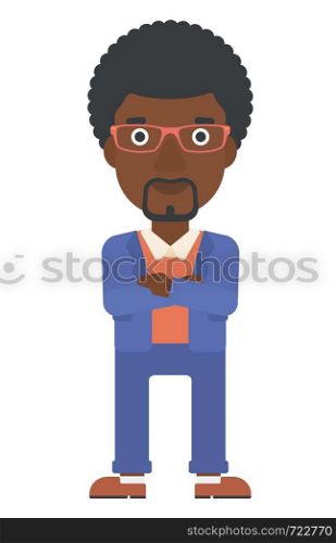 An african-american man standing with crossed arms vector flat design illustration isolated on white background. Vertical layout.. Happy man with crossed arms.