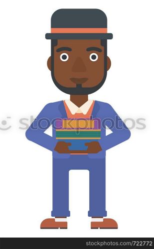 An african-american man standing with pile of folders vector flat design illustration isolated on white background. Vertical layout.. Man holding folders.