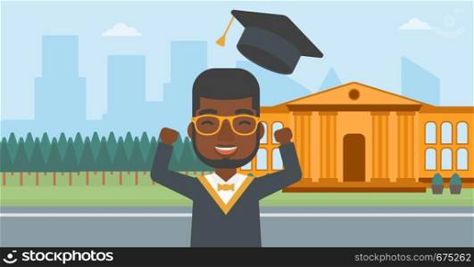 An african-american man throwing up his hat on the background of educational building vector flat design illustration. Horizontal layout.. Graduate throwing up his hat.