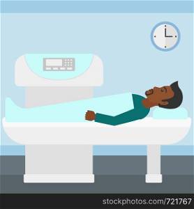 An african-american man undergoes an open magnetic resonance imaging scan procedure in hospital vector flat design illustration. Square layout.. Magnetic resonance imaging.