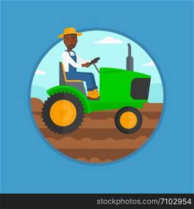 An african-american man using a tractor to plow a field. Young farmer in summer hat driving tractor. Tractor preparing land. Vector flat design illustration in the circle isolated on background.. Farmer driving tractor vector illustration.