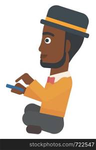 An african-american man using mobile phone vector flat design illustration isolated on white background. . Man using mobile phone.