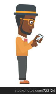 An african-american man using mobile phone vector flat design illustration isolated on white background.. Man using mobile phone