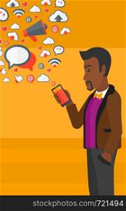 An african-american man using smartphone with lots of social media application icons flying out vector flat design illustration isolated on yellow background. Vertical layout.. Social media applications.