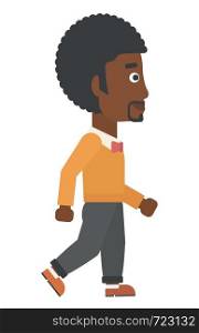 An african-american man walking vector flat design illustration isolated on white background.. Smiling businessman walking