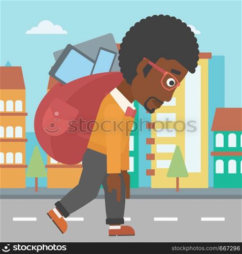 An african-american man walking with a big backpack full of different devices on a city background vector flat design illustration. Square layout.. Man with backpack full of devices.