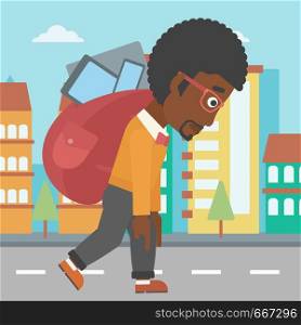 An african-american man walking with a big backpack full of different devices on a city background vector flat design illustration. Square layout.. Man with backpack full of devices.