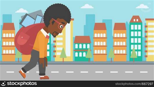 An african-american man walking with a big backpack full of different devices on a city background vector flat design illustration. Horizontal layout.. Man with backpack full of devices.