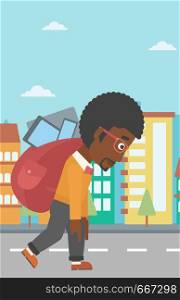 An african-american man walking with a big backpack full of different devices on a city background vector flat design illustration. Vertical layout.. Man with backpack full of devices.