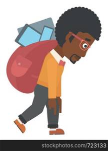 An african-american man walking with a big backpack full of different devices vector flat design illustration isolated on white background.. Man with backpack full of devices.