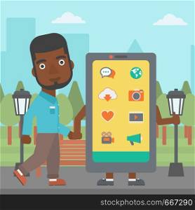 An african-american man walking with a big smartphone in the park vector flat design illustration. Square layout.. Man walking with smartphone.