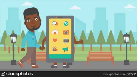 An african-american man walking with a big smartphone in the park vector flat design illustration. Horizontal layout.. Man walking with smartphone.