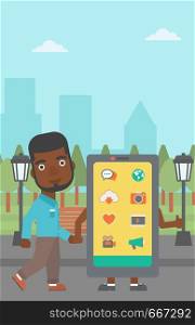 An african-american man walking with a big smartphone in the park vector flat design illustration. Vertical layout.. Man walking with smartphone.