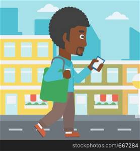 An african-american man walking with a smartphone on a city background vector flat design illustration. Square layout.. Man walking with smartphone.