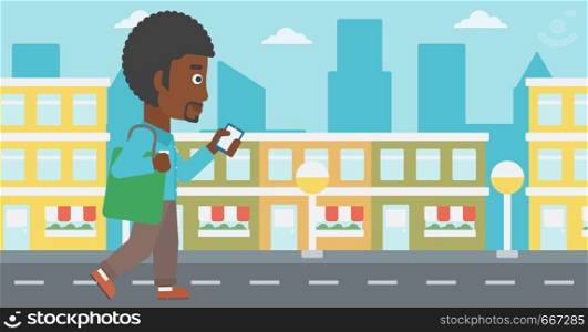 An african-american man walking with a smartphone on a city background vector flat design illustration. Horizontal layout.. Man walking with smartphone.