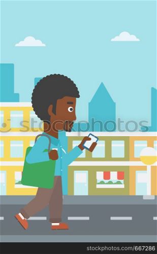 An african-american man walking with a smartphone on a city background vector flat design illustration. Vertical layout.. Man walking with smartphone.