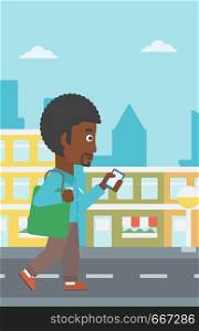 An african-american man walking with a smartphone on a city background vector flat design illustration. Vertical layout.. Man walking with smartphone.