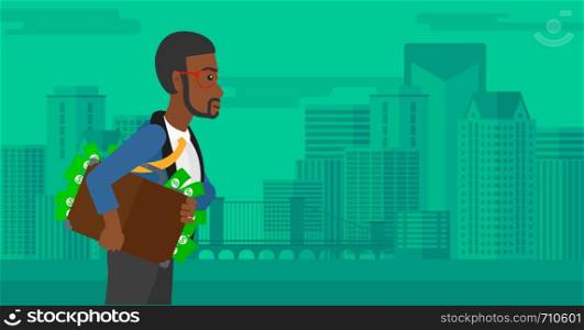 An african-american man walking with suitcase full of money on the background of modern city vector flat design illustration. Horizontal layout.. Man with suitcase full of money.