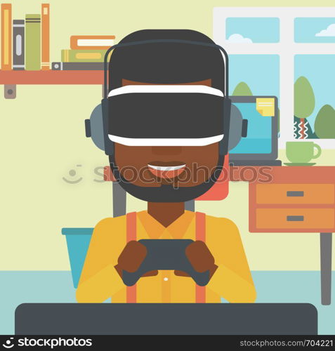 An african-american man wearing a virtual reality headset. Young man playing video game with game controller in hands. Vector flat design illustration. Square layout.. Man wearing virtual reality headset.