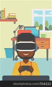 An african-american man wearing a virtual reality headset. Young man playing video game with game controller in hands. Vector flat design illustration. Vertical layout.. Man wearing virtual reality headset.