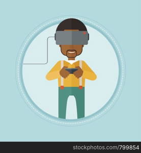 An african-american man wearing a virtual reality headset. Young happy gamer playing video game with game controller in hands. Vector flat design illustration in the circle isolated on background.. Man wearing virtual reality headset.