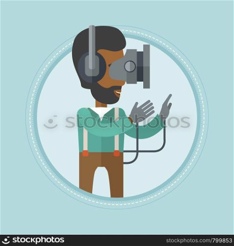 An african-american man wearing a virtual reality headset and gamer gloves. Gamer in virtual reality headset playing video games. Vector flat design illustration in the circle isolated on background.. Man in virtual reality headset playing video game.