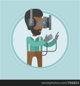 An african-american man wearing a virtual reality headset and gamer gloves. Gamer in virtual reality headset playing video games. Vector flat design illustration in the circle isolated on background.. Man in virtual reality headset playing video game.