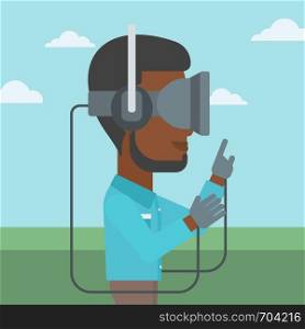 An african-american man wearing a virtual reality headset. Man playing video games outdoor. Man wearing gamer gloves. Vector flat design illustration. Square layout.. Man in virtual reality headset playing video game.