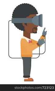 An african-american man wearing a virtual relaity headset vector flat design illustration isolated on white background.. Man wearing virtual reality headset.