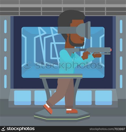 An african-american man wearing virtual reality headset. Young man playing video game while standing on a treadmill with a gun in hands. Vector flat design illustration. Square layout.. Man in virtual reality headset playing video game.