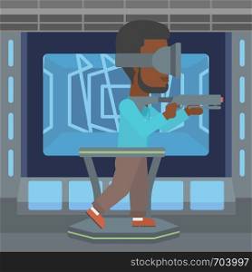 An african-american man wearing virtual reality headset. Young man playing video game while standing on a treadmill with a gun in hands. Vector flat design illustration. Square layout.. Man in virtual reality headset playing video game.