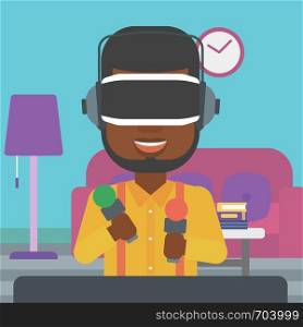 An african-american man wearing virtual reality headset and holding motion controllers in hands. Man playing video games in apartment. Vector flat design illustration. Square layout.. Man in virtual reality headset playing video game.