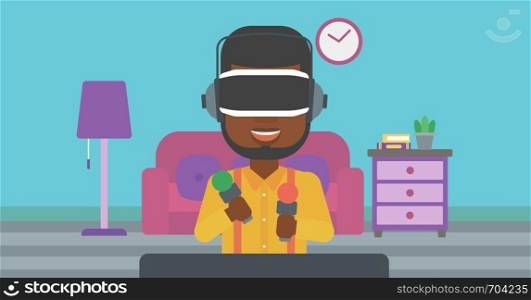An african-american man wearing virtual reality headset and holding motion controllers in hands. Man playing video games in apartment. Vector flat design illustration. Horizontal layout.. Man in virtual reality headset playing video game.