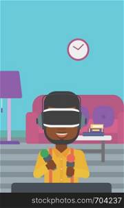 An african-american man wearing virtual reality headset and holding motion controllers in hands. Man playing video games in apartment. Vector flat design illustration. Vertical layout.. Man in virtual reality headset playing video game.