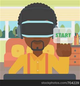An african-american man wearing virtual reality headset and playing video game. Man in virtual reality headset pushing virtual button start. Vector flat design illustration. Square layout.. Man wearing virtual reality headset.