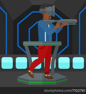 An african-american man wearing virtual reality headset and standing on a treadmill with a gun in hands vector flat design illustration. Square layout. . Full virtual reality.