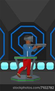 An african-american man wearing virtual reality headset and standing on a treadmill with a gun in hands vector flat design illustration. Vertical layout. . Full virtual reality.