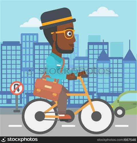 An african-american man with a briefcase cycling to work on city background vector flat design illustration. Square layout.. Man cycling to work.