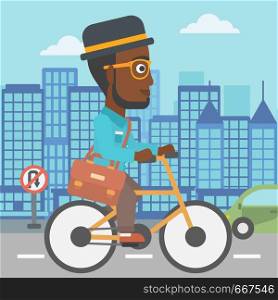 An african-american man with a briefcase cycling to work on city background vector flat design illustration. Square layout.. Man cycling to work.
