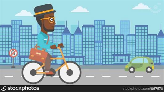 An african-american man with a briefcase cycling to work on city background vector flat design illustration. Horizontal layout.. Man cycling to work.